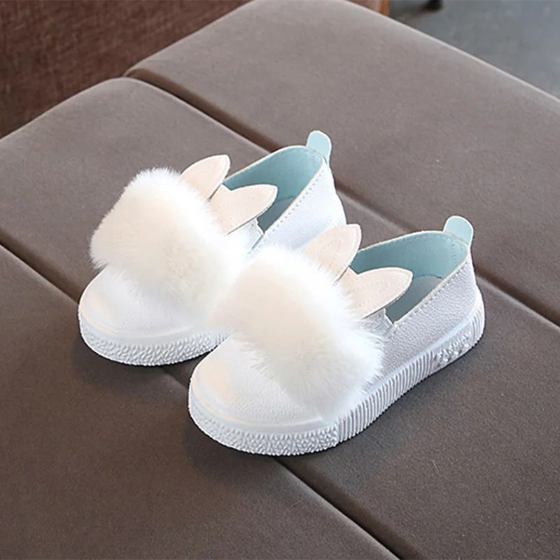 Spring Autumn Cute Toddlers Baby Girls Rabbit Ear Pompom Shoes For Children Kids Leather Single White Pink Green Color | Детская одежда