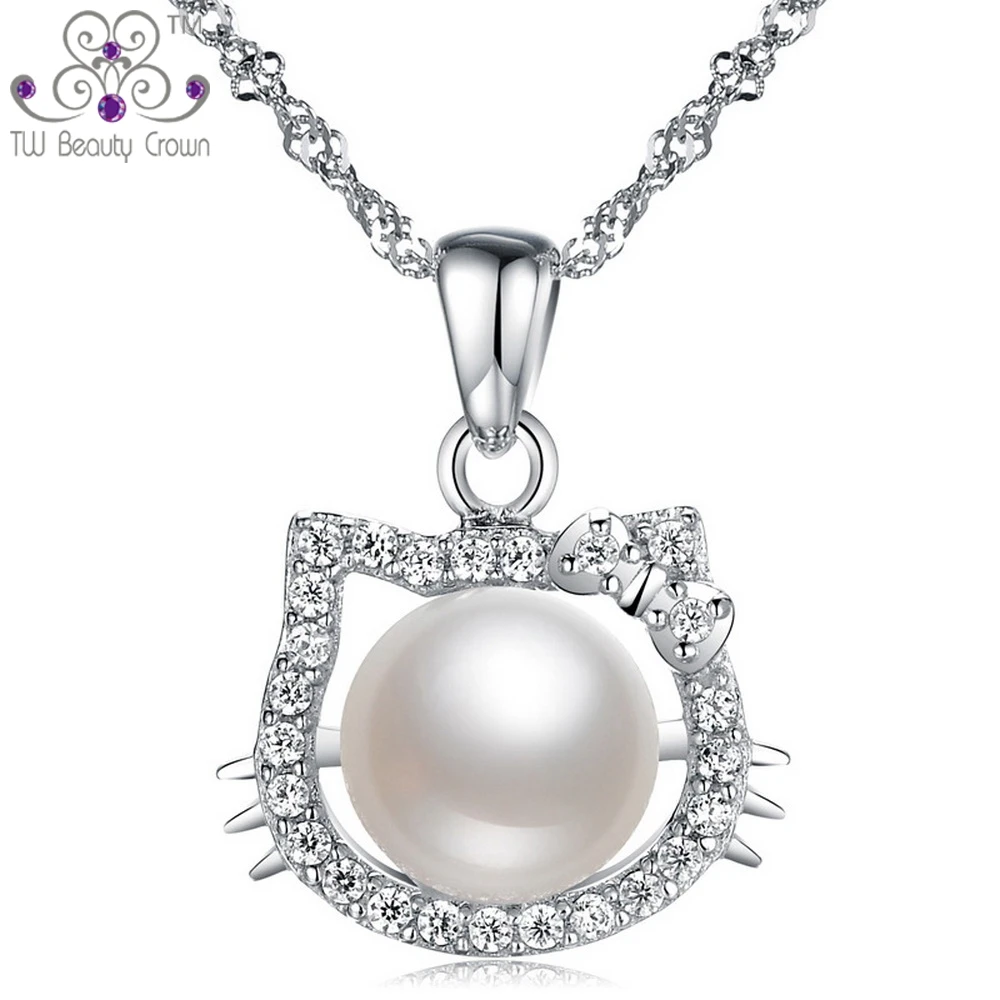 

Real 925 Pure Silver White Crystal CZ Natural Freshwater Pearl Hello Kitty Cat Face Pendant Necklaces For Women Girls Duaghter
