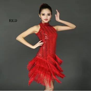 

2018 New Latin Dance Dress Performance Wear Adult Tassel Sequins Clothing Customize Women Ballroom Dance Dress for Latin Dancing