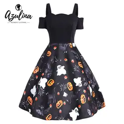 AZULINA Halloween Print Cold Shoulder Винтаж платье Милая шеи спинки короткий рукав трапециевидной формы женское платье вечерние платья 2018