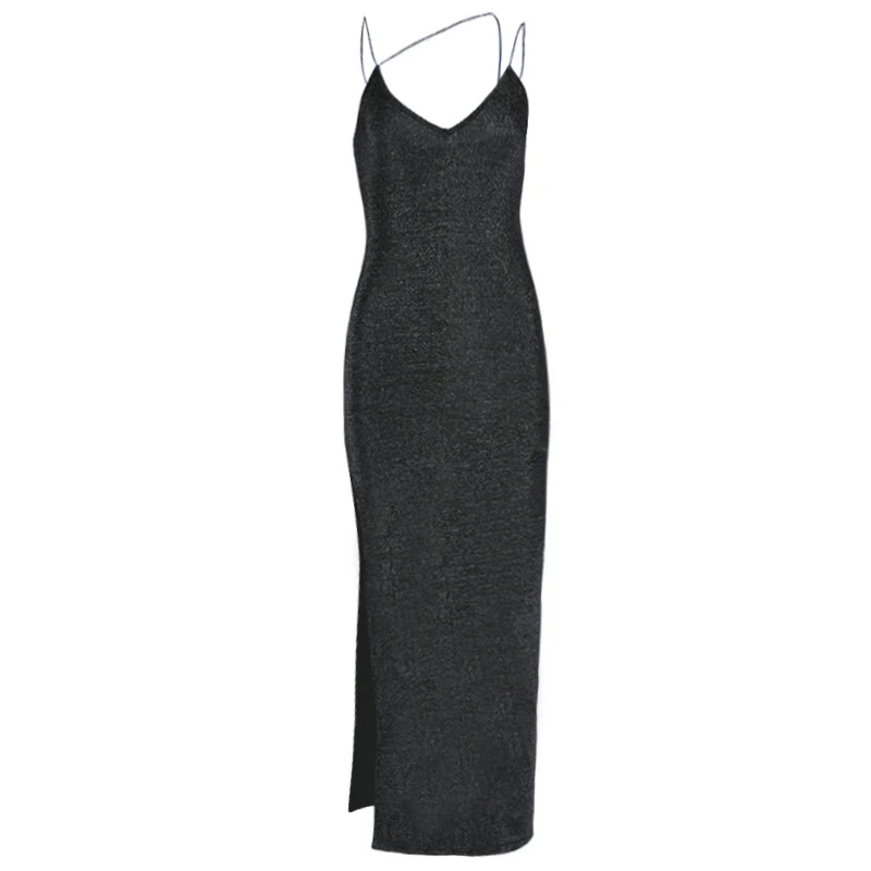 Sale 2019 Sexy Sleeveless Glitter Sequined Bodycon Long Dress Spag!   hetti Strap Club Party Dress Solid High Slit Wrap Maxi Women Dress 11
