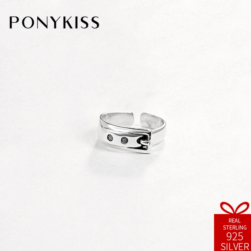 

PONYKISS Vintage 100% 925 Sterling Thai Silver Belt Simple Opening Adjustable Ring Jewelry Women Birthday Party Engagement Gift