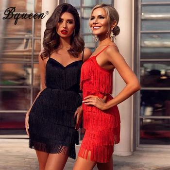 

Bqueen 2019 Sexy Slash V Backless Spaghetti Strap Mini Women Bandage Dress Fashion Cascading Tassel Bodycon Women Dress Vestido