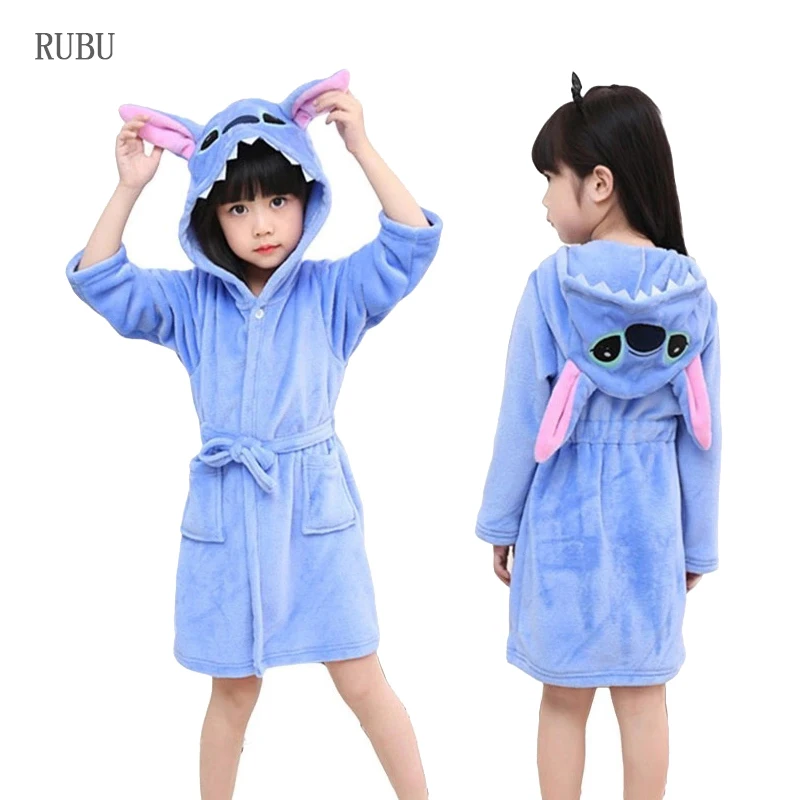 Детский банный халат, пижама в виде животных Единорог халат для девочек халаты для мальчиков пляжное полотенце с капюшоном, одежда для сна, банные халаты для детей, детские пижамы, одежда для сна - Цвет: Blue stitch