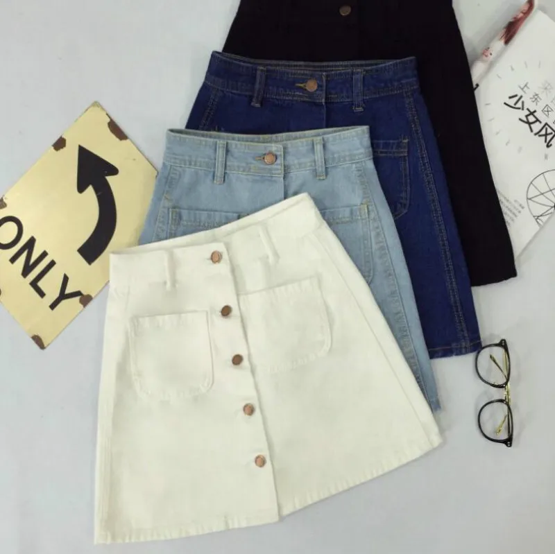 

New summer women's lines narrowed jeans skirt buttons in front High Waist denim small pockets skirt black white Harajuku