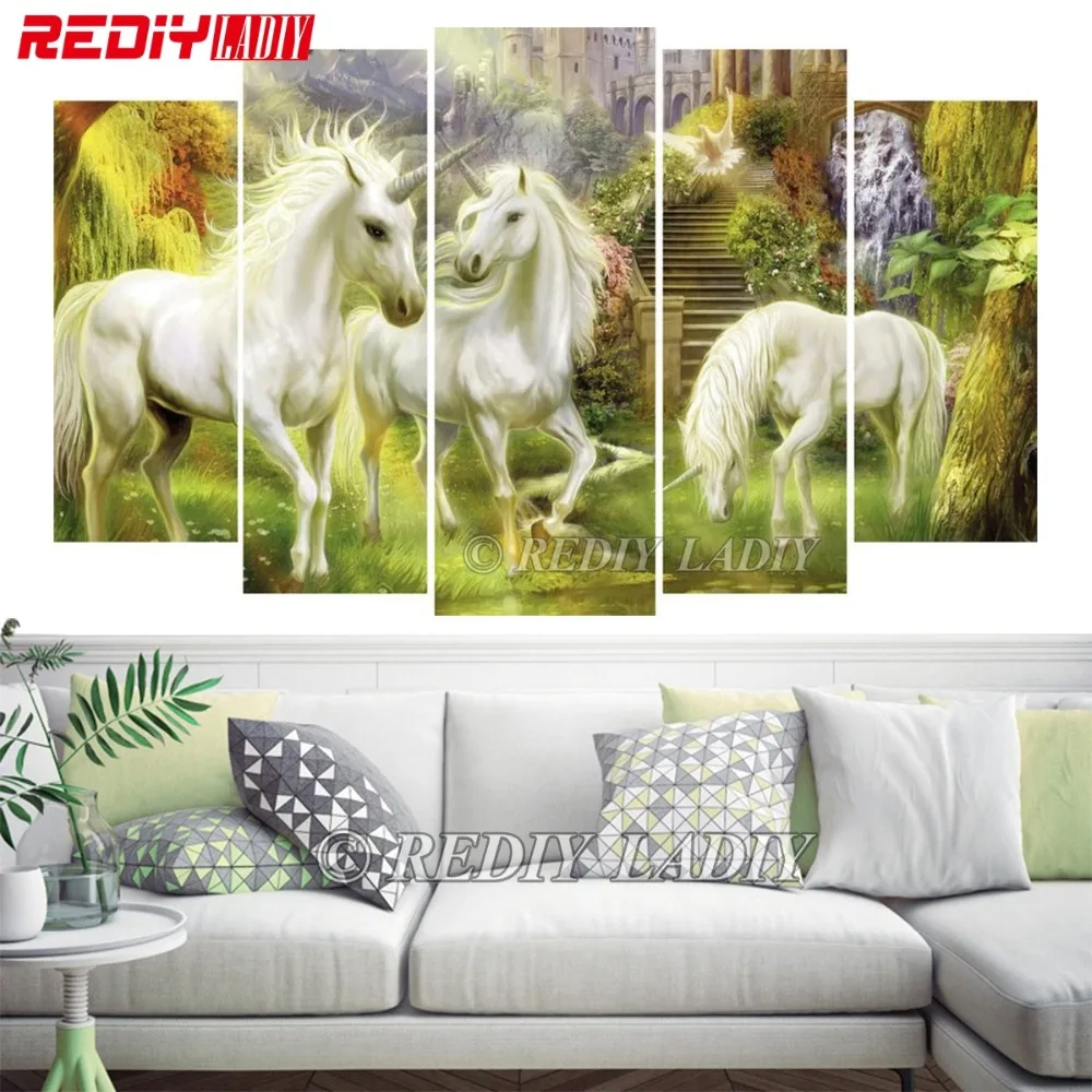 

REDIY LADIY Diamond Embroidery Triptych Diamond Painting Cross Stitch Fantasy Unicorn 5 Panels Modular Picture Wall Art Crafts