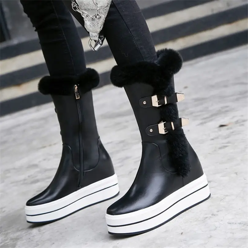 

NAYIDUYUN Women Black Leather Wedges Platform High Heel Mid Calf Boots Round Toe Winter Warm Riding Boots Long Punk Sneakers