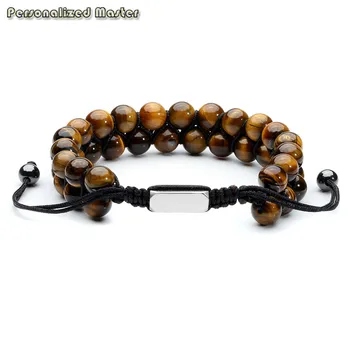 

Personalized Custom Stainless Steel ID Bracelet Tiger Eye Double Layer Beads Macrame Braided Adjustable Bracelets Jewelry gift