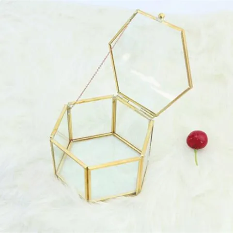 

Free shipping high-grade hexagon golden copper frame glass wedding party gift boxes , 10.5*10*6cm, ZF01