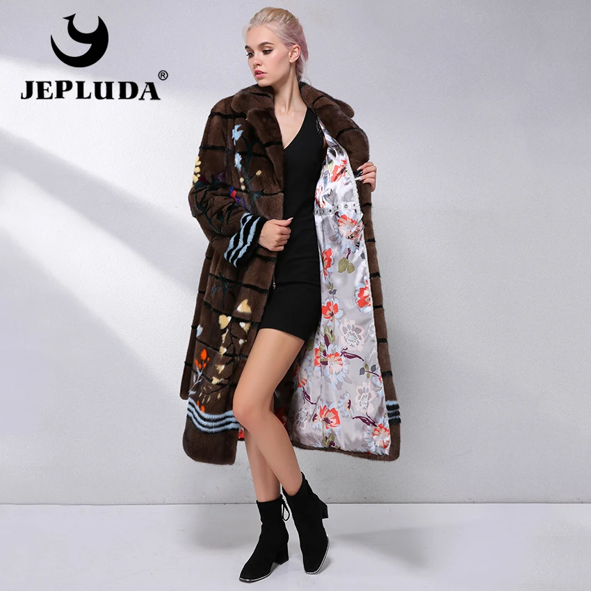 JEPLUDA Женская Норковая Шуба Натуральный Мех Американский с Цветочный Рисунок