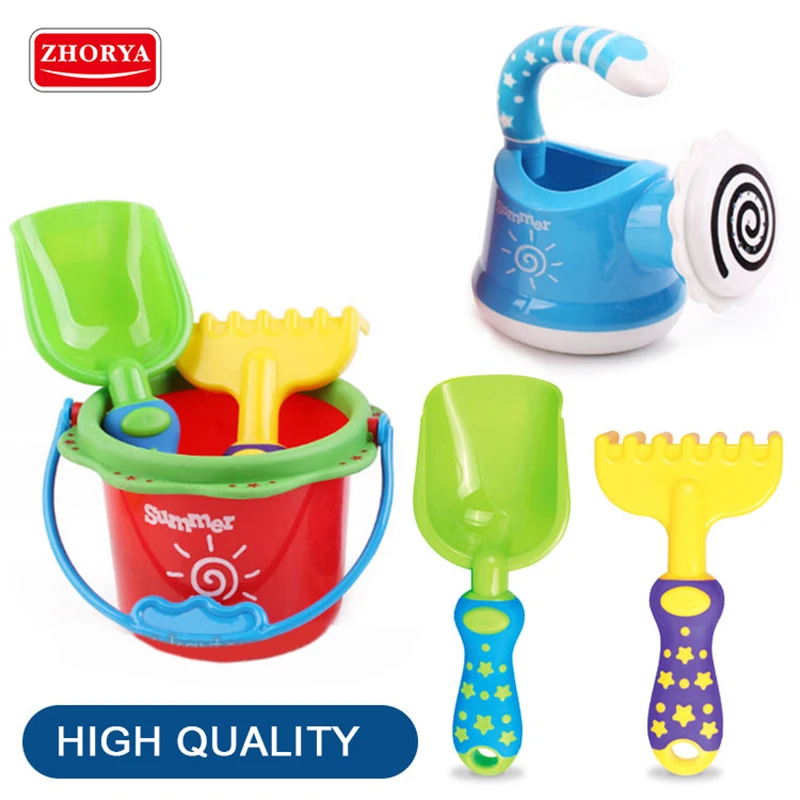

Zhorya Kids Sand Beach Toys Big Bucket Spade Shovel Rake Shower Water Tools Set Colorful Fish Model For Kids Toys Gift