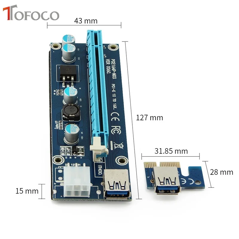 TOFOCO 60 см PCIE PCI Express Riser Card 1x до 16x с USB3.0 кабель SATA 6Pin Мощность кабель Riser для горного оборудования