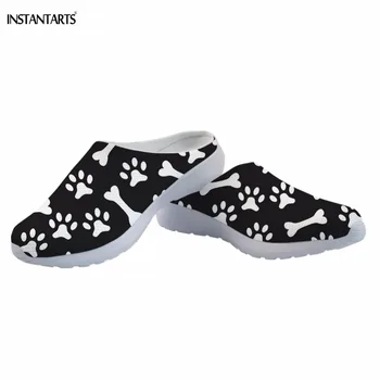 

INSTANTARTS Black and White Paws and Bones Printed Women's Summer Sandals Outdoor Slip On Beach Shoes Breath Female Slippers Gym