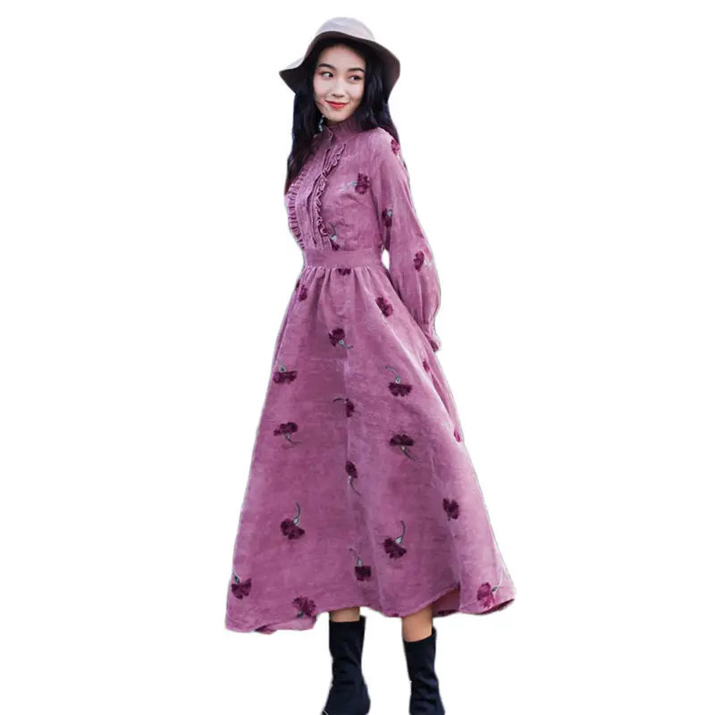 

Autumn Winter Women's New Ruffle Stand Collar Retro 3D Embroidery Flower Big Pendulum Corduroy Dress Long Vestidos Party f1245