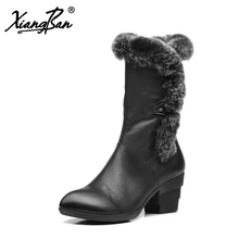 Xiangban Winter High Heels Snow Boots Genuine Leather Mid Calf Plush Warm Cotton Women Boots Thick Heel