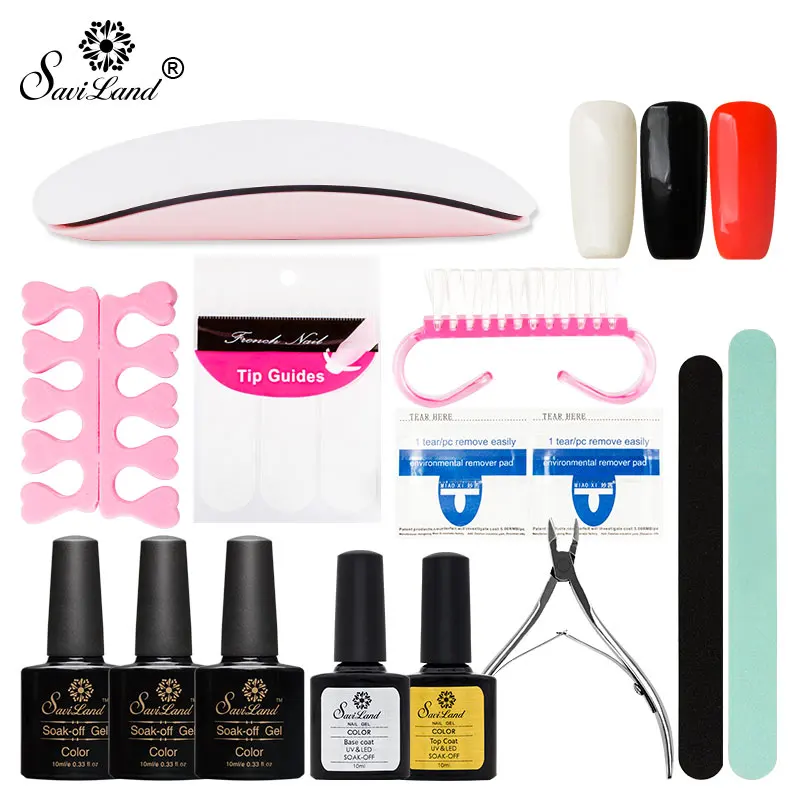 

Saviland Top and Base Coat Gel Varnish Manicure Tools Set Kit Any 3 Color Gel Nail Polish Nail Art Set 6W Lamp Other Tools Set