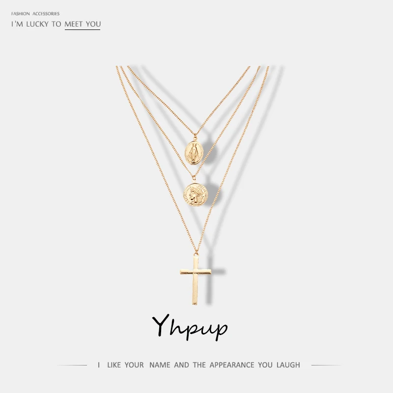 

Yhpup Fashion Vintage Retro Cross Jesus Coin Pendant Metal Necklace Gold Zinc Alloy Multilayer Charm Necklace Easter Day's Gift