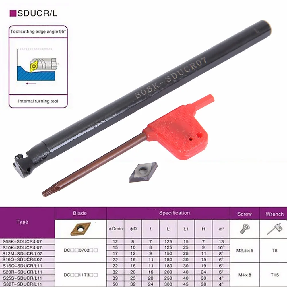 

High Quality S08K-SDUCR07 Boring Bar + Lathe Tuening Tool DCMT0702 Carbide Insert + Wrench For Home Tool