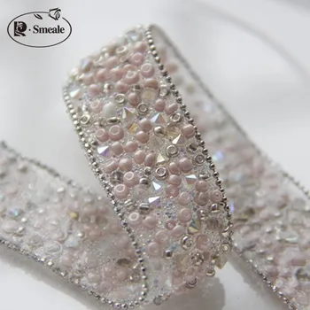 

Free Shipping Fake Pearl Beaded Lace Trim Vintage Mesh Fabric Paillette Lace Beaded Pearl Trim Braid Lace AppliqueRS487