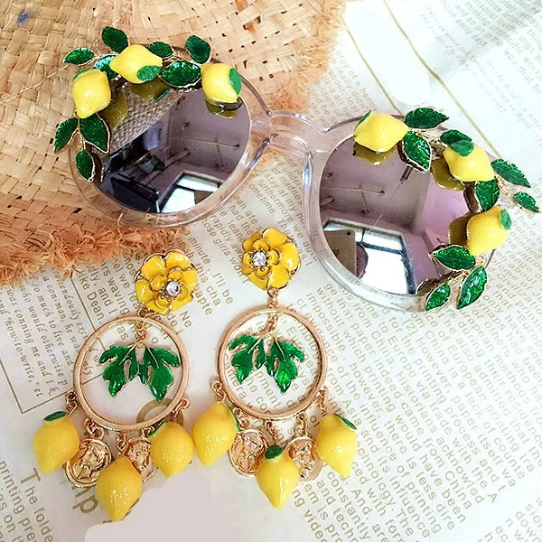 

Fashion unique yellow lemon green leafs sunglasses for women vacation beach sun glasses brand designer oculos de sol eyewear
