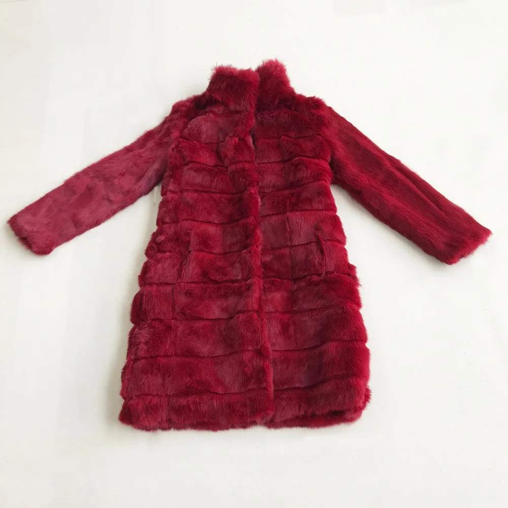 

Women New Winter Spring Holiday Party Wear Outwear Pure Full Pelt Rabbit Fur Coat with Striped Cut Stand Collar Jacket sr456