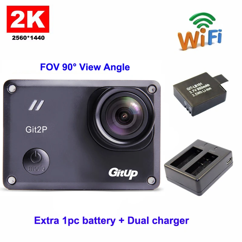 GitUp Git2P Standard Packing 16MP F2.5 5G2P 90 Degree Lens Novatek 96660 2160P WiFi 2K Action Camera+Extra Battery+Dual Charger