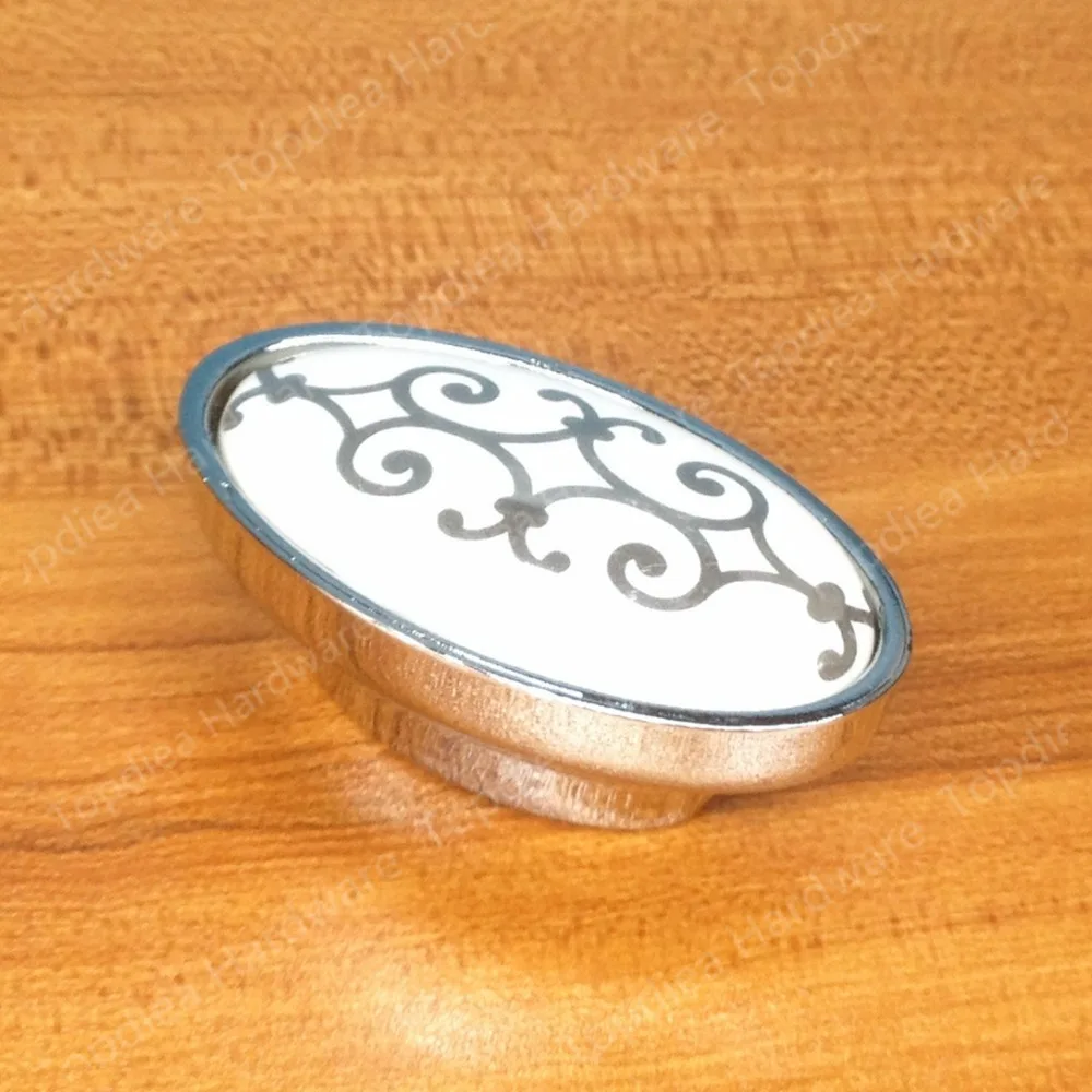 

Size 55*26mm oval shape Zinc alloy ceramic cabinet knob drawer pulls Silver flower print