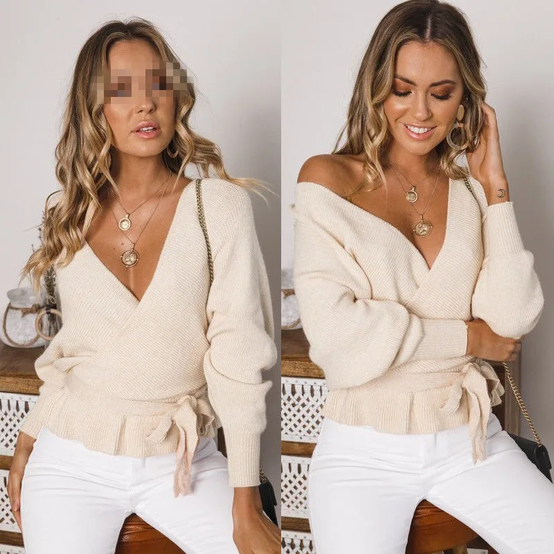 2018 Spring Women Sweater New Fashion O-neck Backless Knot Pullover Autumn Knit Basic Irregular Loose Female Knitwear Outerwear | Женская