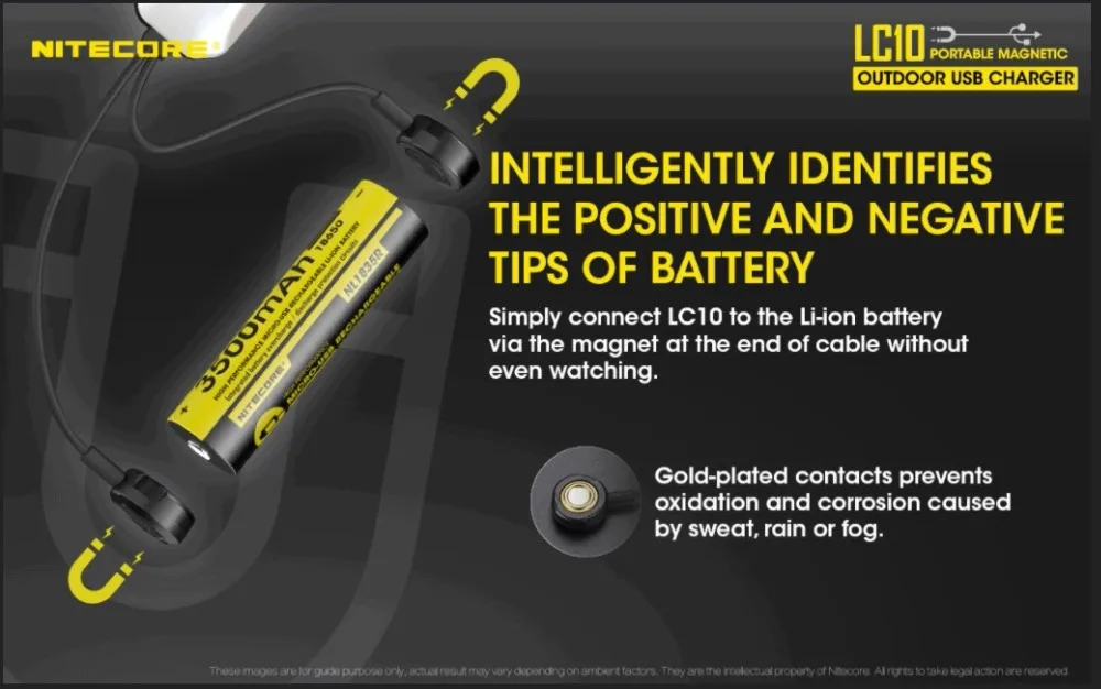 NITECORE LC10 портативное магнитное внешнее USB зарядное устройство для цилиндра литий-ионная аккумуляторная батарея 1A MAX DC 5V с датчиком светильник