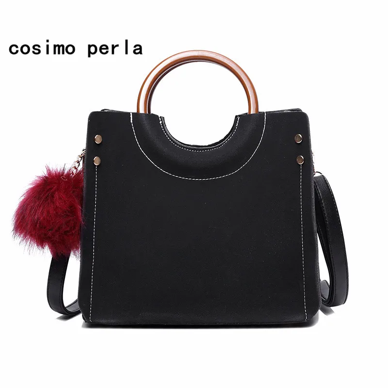 

Ring Handle Matte Leather Tote Bags for Women 2018 Fashion Shoulder Bag with Fur Ball 2 pcs set Handbags Causal Composite Bag