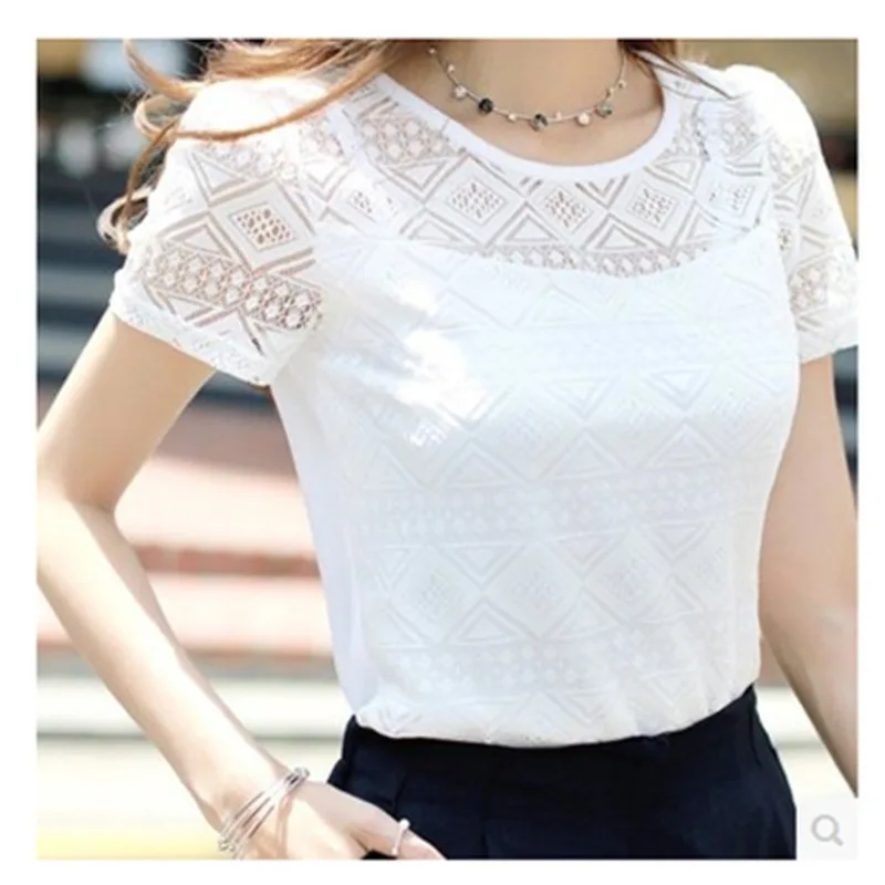 Ladies office Shirt Women White Lace Blouse Short Sleeve Plus Size Korean Crochet Hollow Out Tops Camisas Femininas Qz*