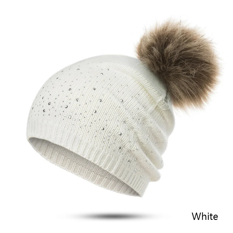 URDIAMOND, зимняя женская шапка, милая,, повседневная, однотонная, с бусинами, шапка, теплая, из искусственного меха, с помпонами, шапка для девочки - Цвет: A