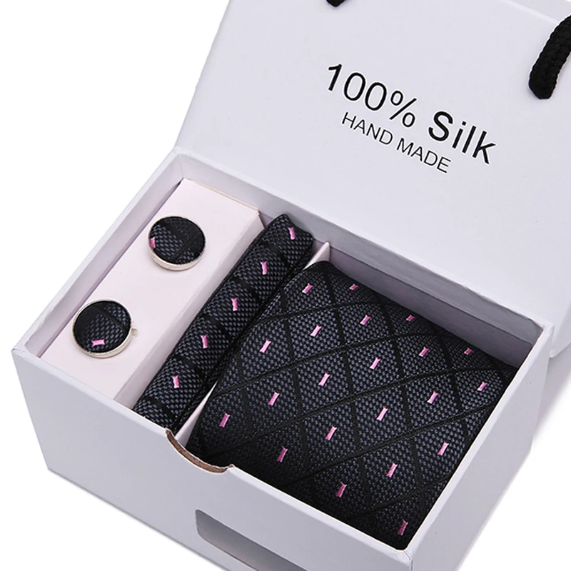  Red Striped 7.5 cm tie cufflink Handkerchief Check New 100% Silk Jacquard Woven Classic wedding bus