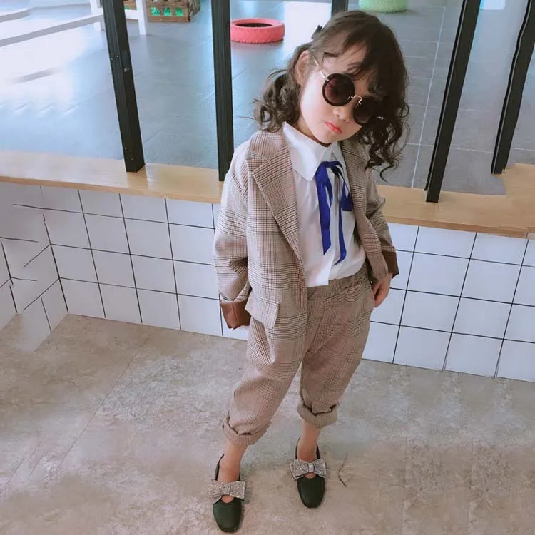 

Spring and Autumn Loose Long-sleeved Children's Coat + Chequered Casual Pants Girls Set