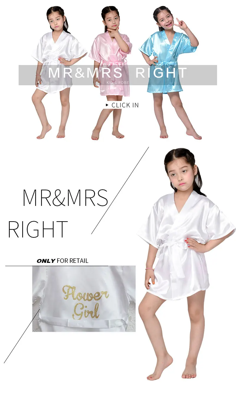 Mr & Mrs правой одноцветное шелковый халат для детей Свадьба Туалетная ночная рубашка атласная детский халат для девочек в цветочек халат для