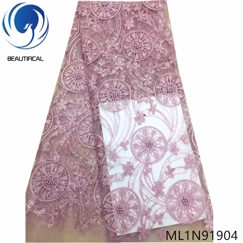 

Beautifical french lace fabrics New arrival sequins embroidery net lace fabric for wedding 5yards nigerian lace fabric ML1N919