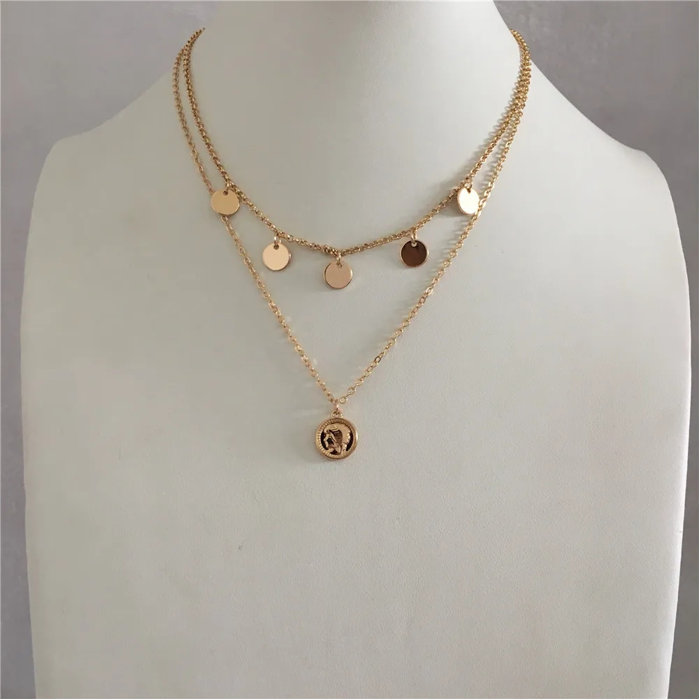 

LOVELY GOLD COLOR ROUND DISC COIN LAYERED PENDANT NECKLACE FOR WOMAN GIRL