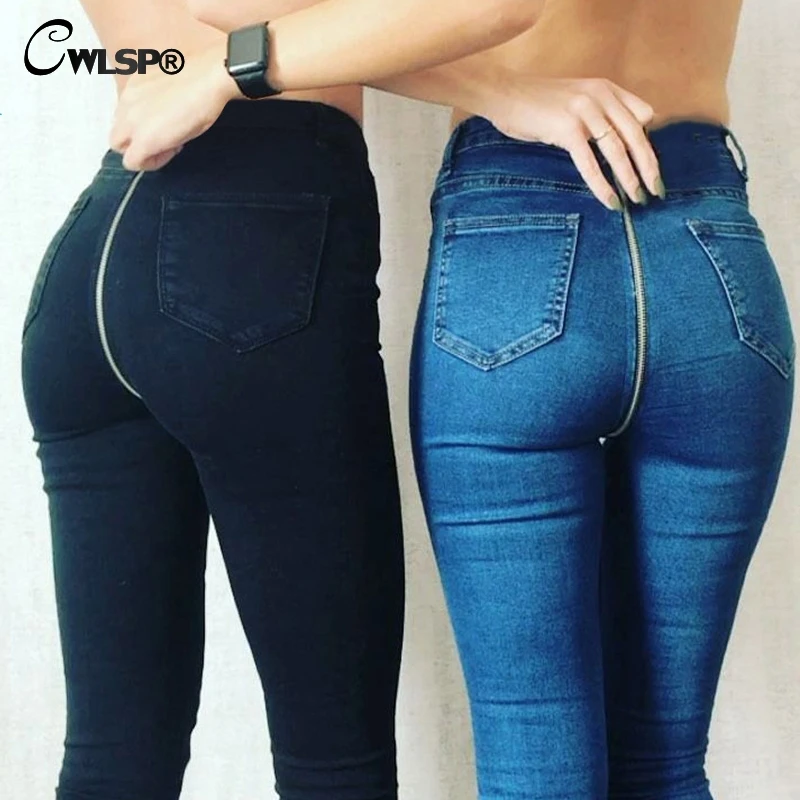 CWLSP Back Silver Zipper high waist Jeans For Women Skinny jeans Woman Sexy Pencil Pants Trousers pantalon jean femme QL3492