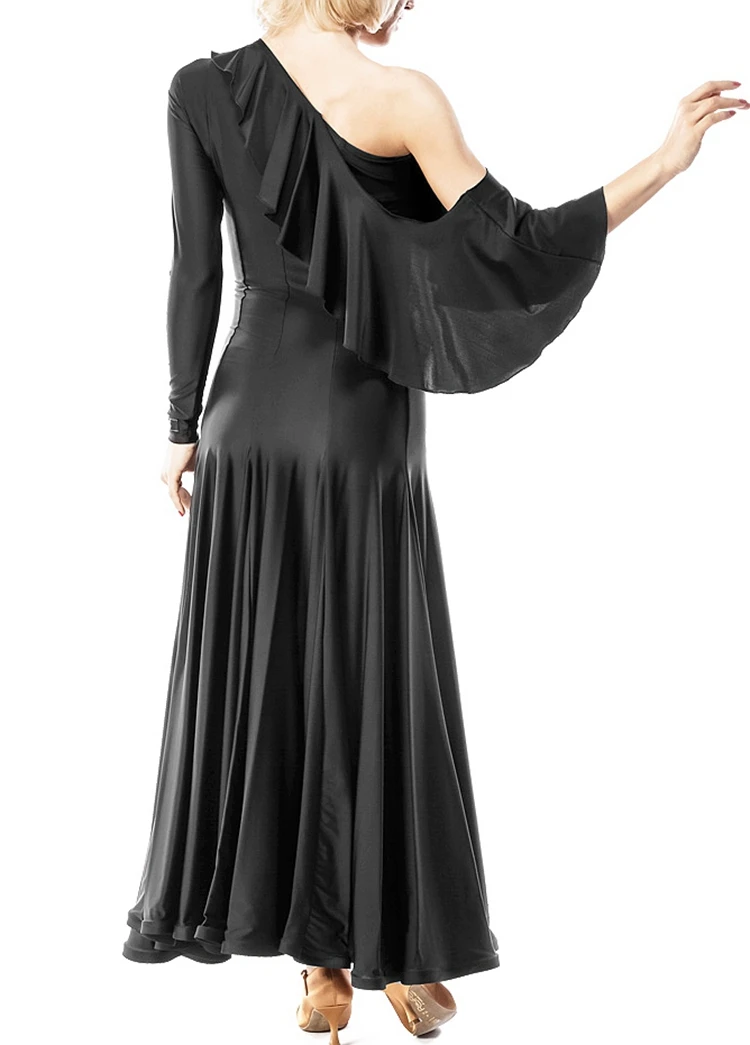 

Ballroom dance modern dance one long sleeve one off-shoulder ruffed flare collar strapless long dress W12027