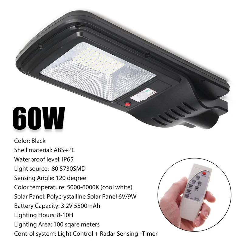 

60W LED Street Light LED Solar Wall Lamp Light Control + Radar PIR Sensing+Timer Lamp with Remote Waterproof for Garden Yard