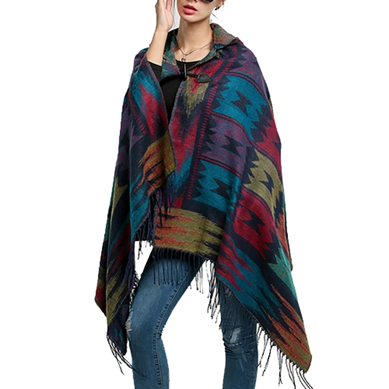 Women's Bohemian Wool Blend Hooded Blanket Cloak Poncho Cape Outwear Coat Shawlcoat shawl