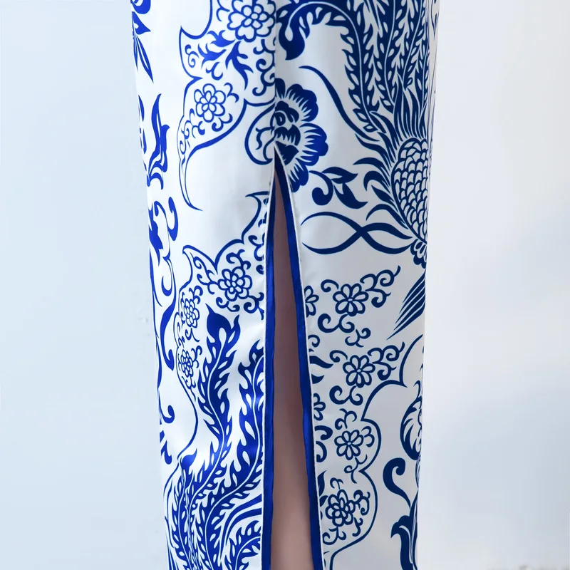 Сине-белое фарфоровое атласное китайское традиционное свадебное платье Cheongsam женское Ретро вечернее платье Qipao Восточный Дракон платья