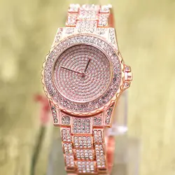 Дамская мода кварцевые часы Для женщин со стразами Повседневные платья Полный стали Женские часы розовое золото Кристалл Reloje Mujer Montre Femme