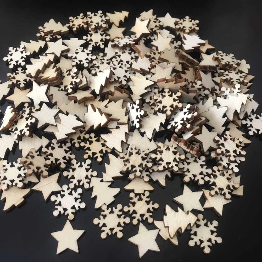 

50Pcs Natural Wood Chip Popular Crafts Christmas Carve Decorations Mixed Shape Pendant Ornament Scrapbooking Embellishments