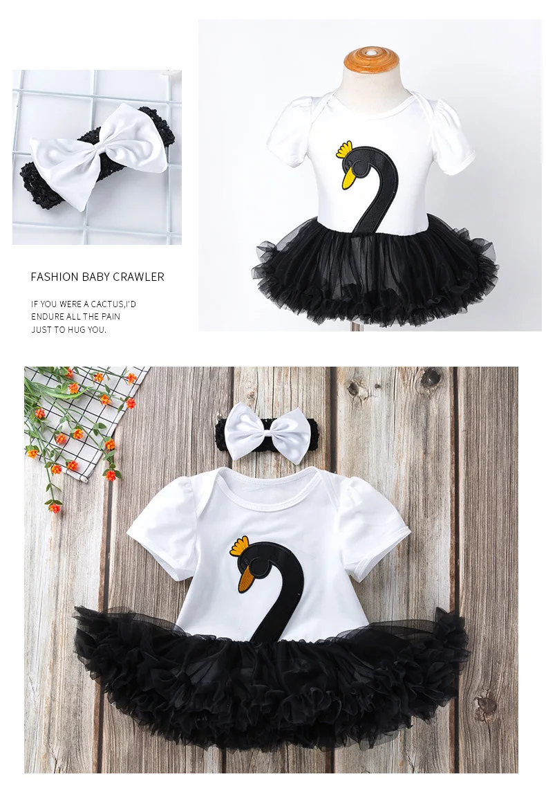 08Baby Girl Rompers Jumpsuit Dress Sets Summer Clothes Swan Short Sleeve Bowknot Headband Infant Girl Costume Kids Dress Body Baby Newborn Bodysuit Baby Girl Onesie yk024