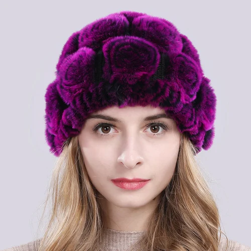 color 2 Россия Горячая Распродажа зимние Цветочные подлинные меховые шапочки шапка женская вязаная натуральный кролик Рекс Меховые шапки Теплые Натуральная меховая шапка - Цвет: color 2