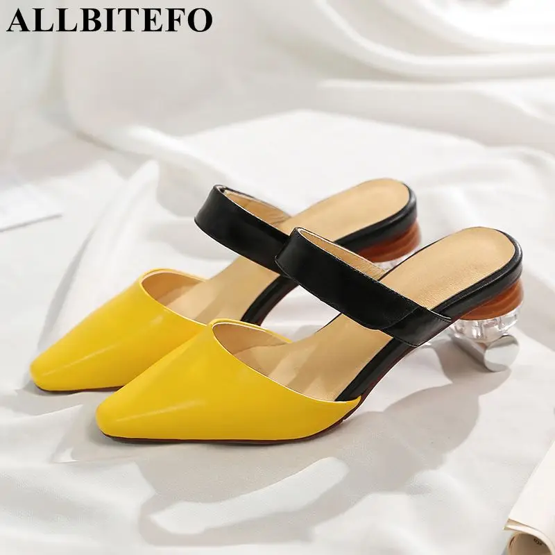 

ALLBITEFO crystal heel full genuine leather high heels summer women snadals fashion sexy party women's girls high heel shoes