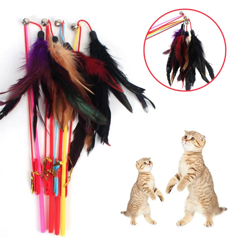 

Cat Pet Supply Dangler Bell Rod Wand Teaser Feather Play Toy Color Random