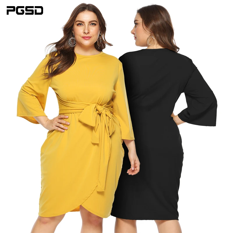 

PGSD Autumn casual simple Irregular solid color Crossbanded O-Neck Three Quarter horn sleeve Dress Big size women clothes 4XL