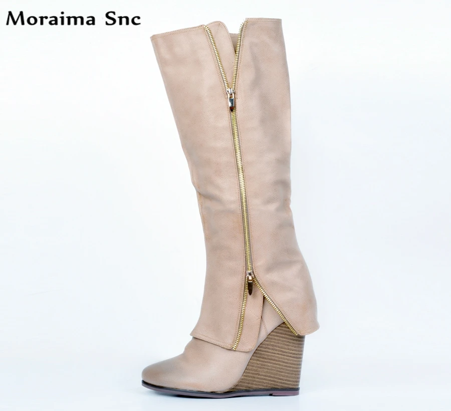 

Moraima Snc Winter fashion women Boots Round toe Wedges Knee-high Gladiator boot Turned-over side zipper Decoration